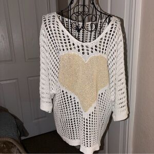 CHARLIE B White Open-Weave Sweater with Gold Heart